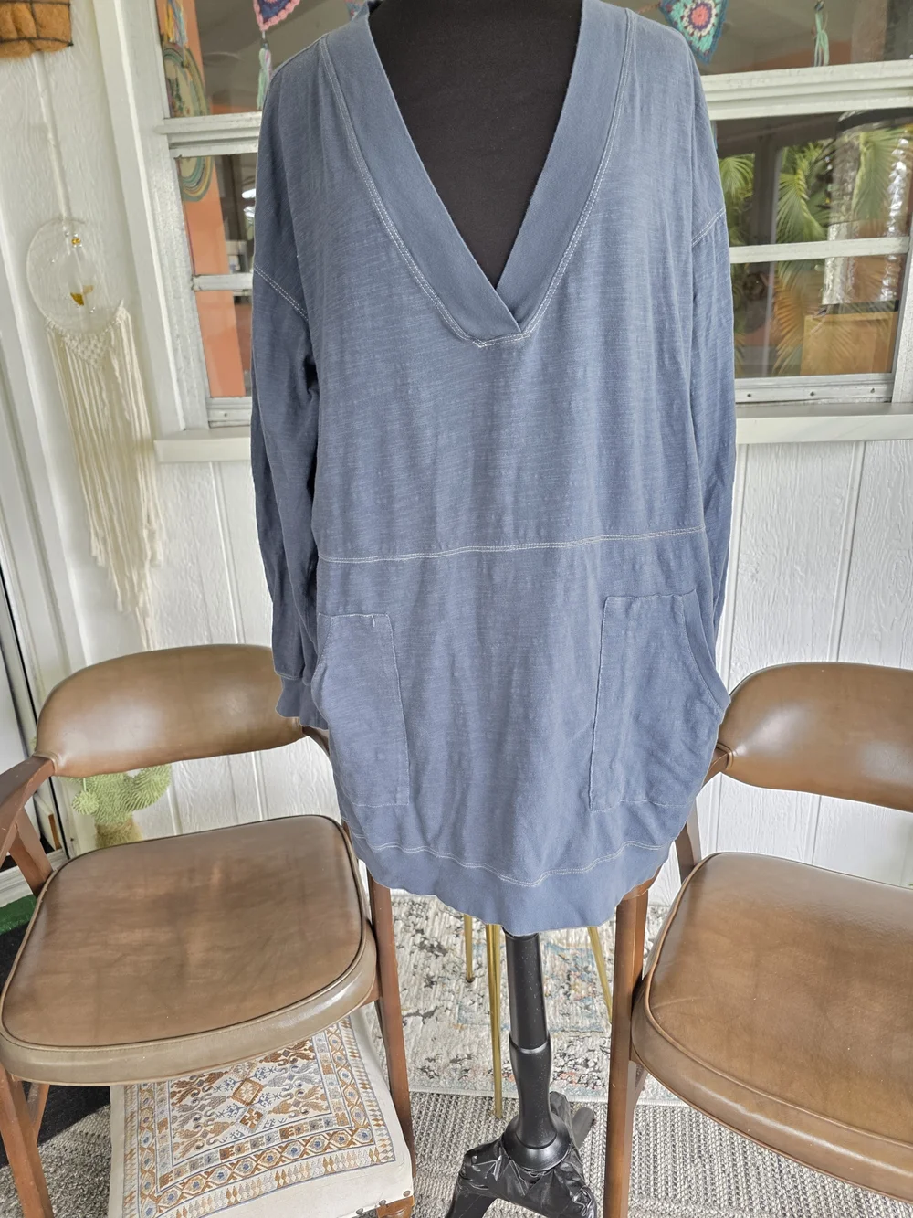 NATURAL LIFE Dusty Blue Long Sleeve V-Neck Tunic Dress - Picture 6 of 11